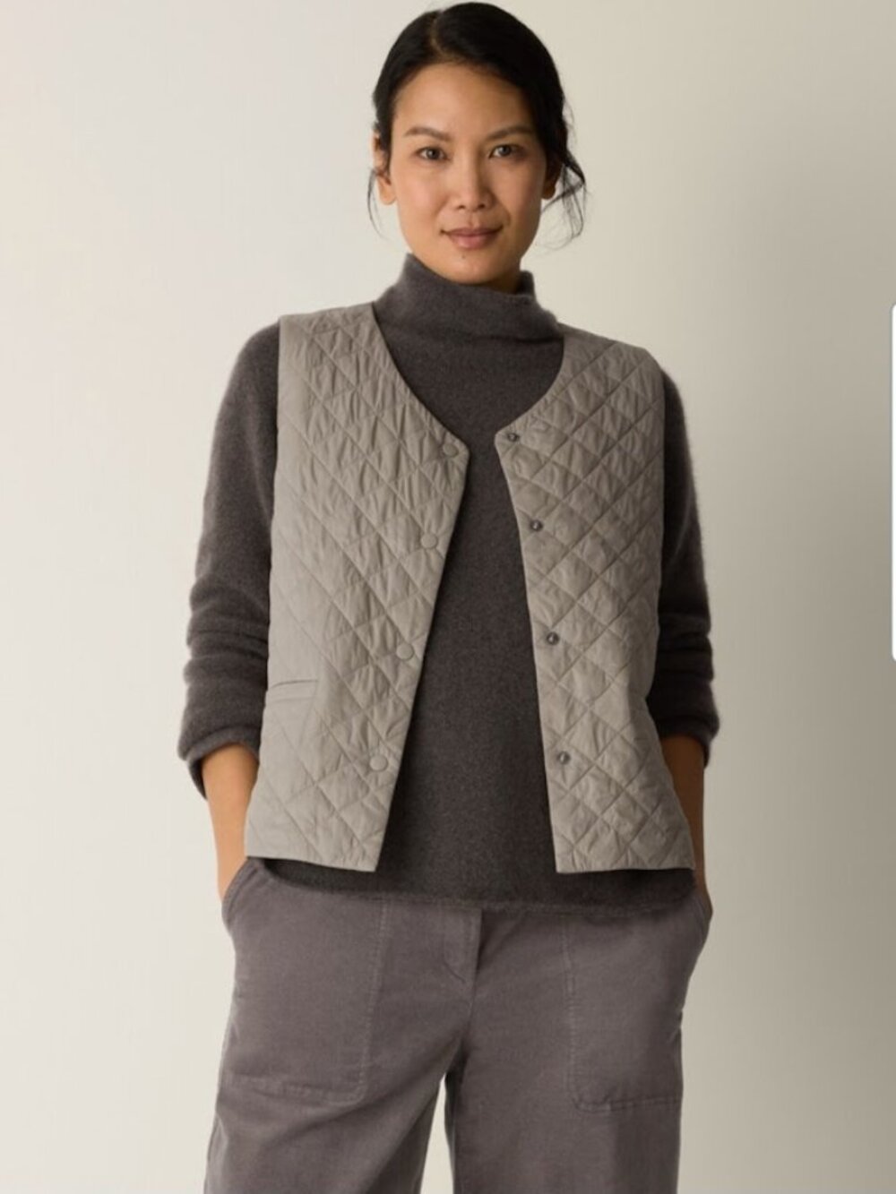Eileen Fisher Eggshell Recycled Nylon Quilted V-Neck Vest Reed XL
